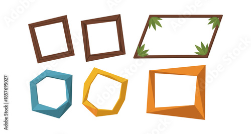Collection of six unique, colorful, and abstract picture frames on a white background