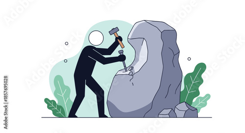 Silhouette of a person carving a large rock with a hammer and chisel, symbolizing hard work, creation, persistence, and sculpting an idea.