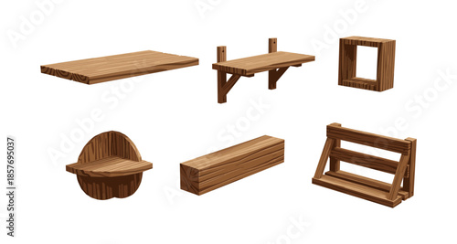 Collection of rustic wooden furniture and shelving units on a white background