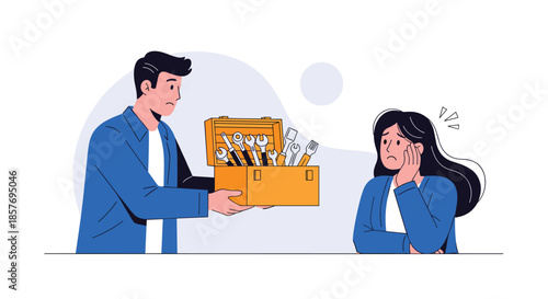 Man offering a toolbox to a worried woman, symbolizing providing help, solutions, or support for a problem she is facing.