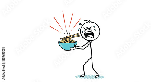 Stick figure character crying out in pain while holding a bowl of extremely hot steaming noodles, illustrating a humorous food mishap.