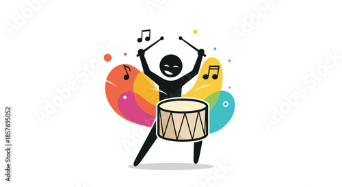 Energetic silhouette of a person playing the drums with passion, surrounded by colorful abstract shapes and musical notes.