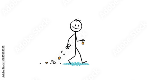 Careless stick figure walking and littering, dropping trash on the ground, representing bad habits and environmental pollution.