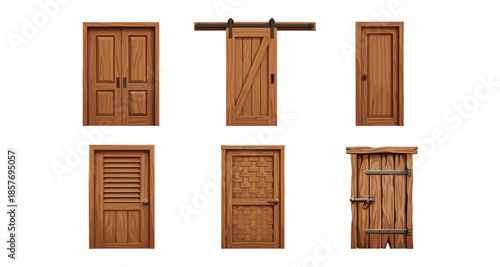 Collection of six different wooden doors with various designs and styles
