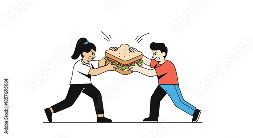 Angry man and woman fighting over a large sandwich, illustrating conflict, competition, hunger, or sharing problems in a relationship.