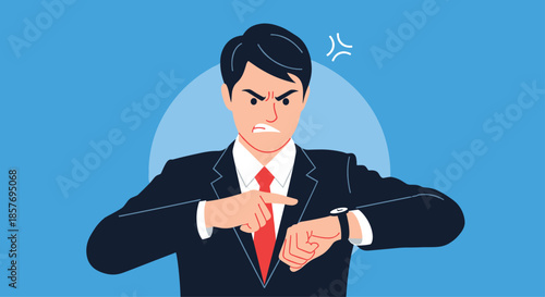Angry businessman pointing at his watch, expressing frustration and impatience about being late or a missed deadline.