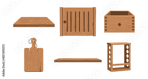 Collection of wooden objects including shelves, a cutting board, a gate, and a rack