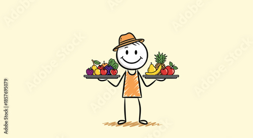 Happy stick figure farmer or vendor balancing two trays loaded with a variety of fresh and colorful fruits, promoting healthy eating.