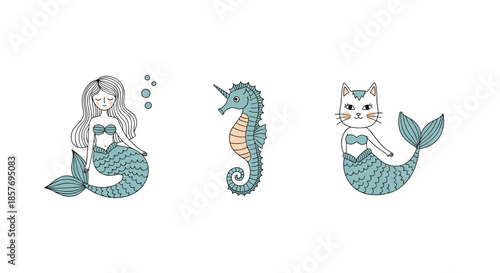 Set of cute and whimsical mermaid illustrations, including a classic mermaid, a seahorse mermaid, and a funny cat mermaid (catfish).