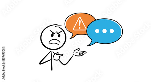 Angry stick figure arguing, with an orange warning sign and a blue text bubble, illustrating conflict, disagreement, and miscommunication.