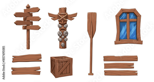Collection of rustic wooden objects for game design and illustration