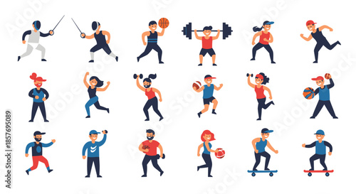 Large set of diverse people engaged in various sports and fitness activities like weightlifting, running, basketball, and fencing.