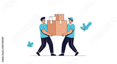 Two male movers or delivery workers in uniform carefully carrying a stack of heavy cardboard boxes together, illustrating teamwork.