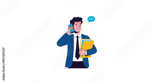 Professional cartoon businessman in a blue suit smiles while talking on the phone and holding documents, representing a busy, efficient worker.