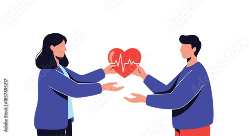 Man and woman sharing a large red heart with a heartbeat symbol, illustrating love, organ donation, health care, and sharing life together.
