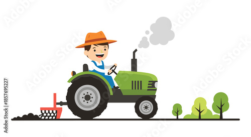 Cheerful cartoon farmer wearing a hat and overalls happily driving a green tractor to plow a field, representing agriculture and rural life.