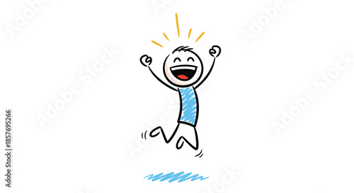 Extremely happy and excited stick figure character jumping in the air with arms raised, a simple cartoon illustration of pure joy and success.