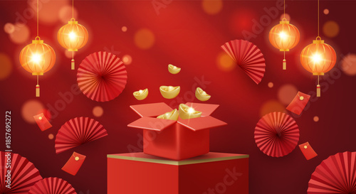 3D vector illustration of red product podium with open gift box and flying gold ingots. Concept for chinese new year wealth celebration. Luxury and premium festive holiday background design template.