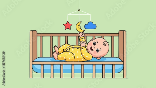 Adorable Baby in Crib Reaching for Mobile Toys.