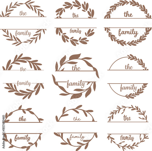 Family Split Monogram SVG, Elegant Wreath, Decorative Leaves & Branches, Personalized Last Name Surname Monogram, christmas frame, round circle border, bundle set