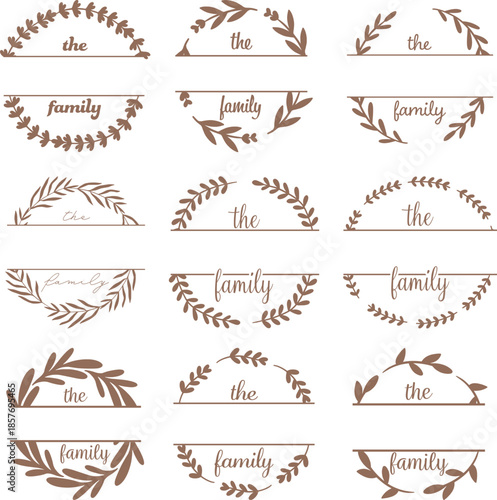Family Split Monogram SVG, Elegant Wreath, Decorative Leaves & Branches, Personalized Last Name Surname Monogram, christmas frame, round border, bundle set