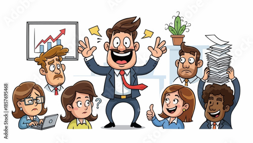 Excited Boss with Happy and Stressed Employees in Office Setting.