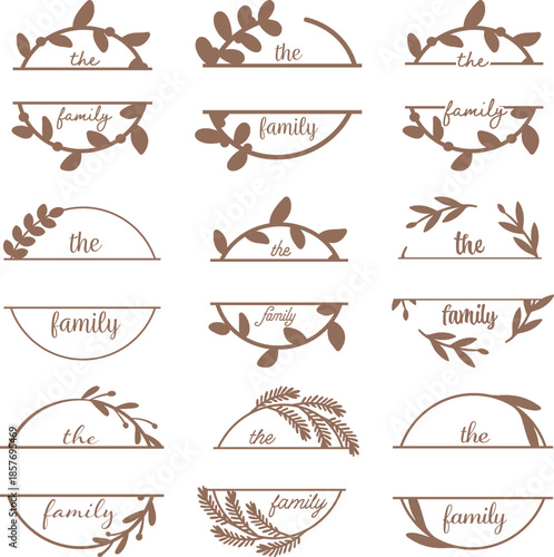 Family Split Monogram SVG, Elegant Wreath, Decorative Leaves & Branches, Personalized Last Name Surname Monogram, christmas frame border bundle set, calligraphy