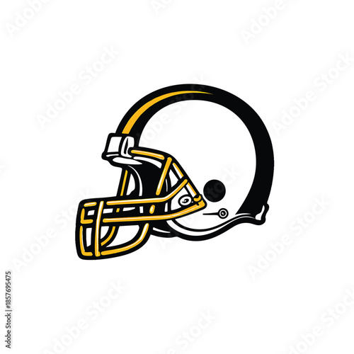 Classic white football helmet with bold yellow facemask and stripe on clean background isolated on white background