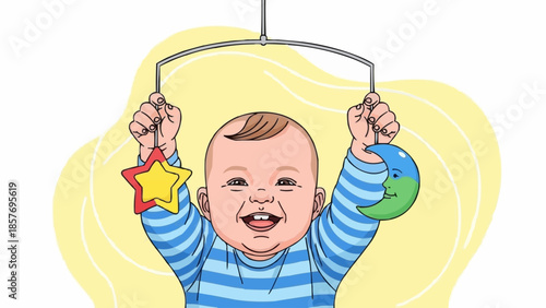 Happy Baby Playing with Mobile Toys, Smiling Brightly.