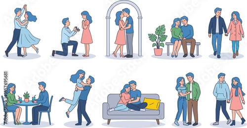 Romantic couples life moments illustration set showing love proposal dating hugging walking together flat vector design for valentine relationship concepts