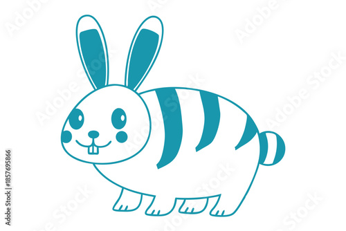 Teal rabbit with stripes smiles showing two buck teeth happily on white