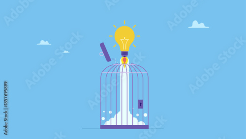 Lightbulb creative idea breaking birdcage with launching rocket booster. Unleash creativity or unlock business idea to grow beyond limitation.