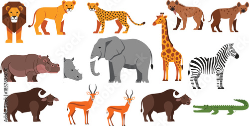 African safari wild animals vector set featuring lion elephant giraffe zebra hippo crocodile and antelope illustrations