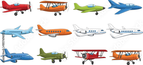 Airplane and aircraft vector set featuring vintage propeller planes, private jets, and modern passenger airplanes for aviation and transport design