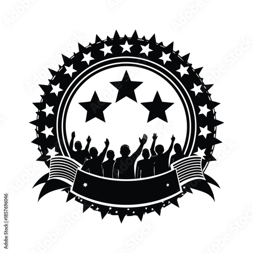 Crowd Silhouette with Stars and Ribbons Emblem on White Background people hands