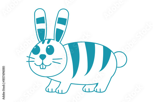 Teal bunny with striped pattern stands cheerfully against a plain white background
