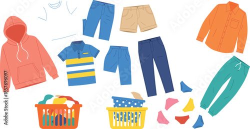 Laundry clothing items vector set with folded clothes baskets casual wear washing and cleaning illustrations
