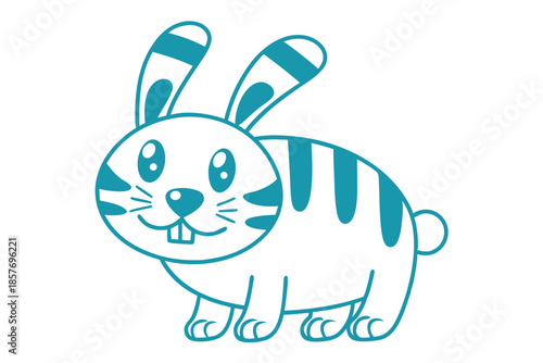 Line art depicts a cute teal bunny with visible teeth standing cheerfully on a white background