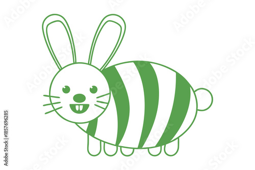 Green rabbit stands with striped body and two buck teeth smiling sweetly