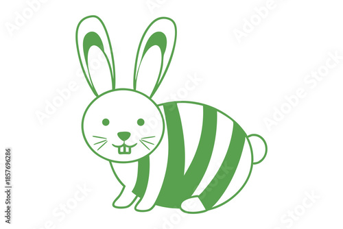 Green striped bunny with long ears and cute teeth sits upright calmly