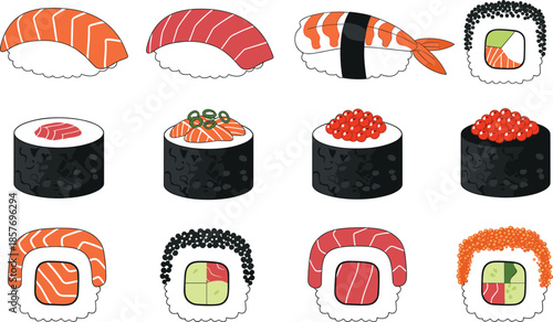 Set of Japanese sushi and maki roll icons featuring salmon tuna and shrimp nigiri with various uramaki and hosomaki for restaurant menu and food delivery design