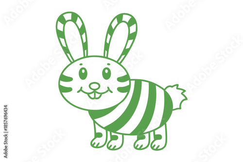 Green striped bunny happily stands with his charming smile, a delightful outline