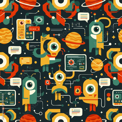 A vibrant, playful seamless pattern showcasing an array of quirky robots, friendly aliens, and communication elements amidst planets and futuristic circuitry.