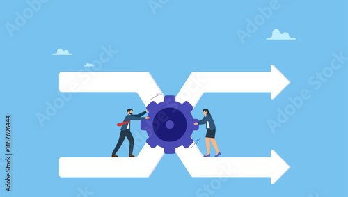 Businessman staff team help colleague turn gear cog to manage change direction arrows. Change management, professional or expertise to manage company transformation or implement new process.