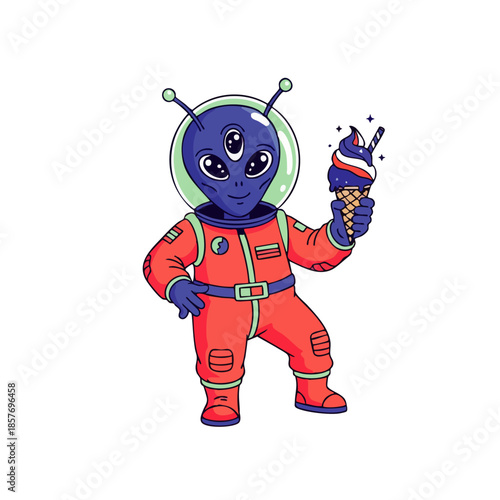 A whimsical cartoon alien, wearing a vibrant red spacesuit, joyfully holds a delicious ice cream cone, ready for an intergalactic treat.