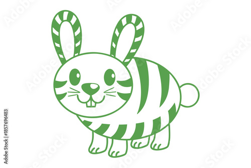 Green striped bunny with tall ears and fluffy tail stands happily