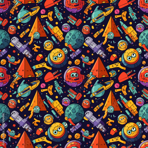 Whimsical cartoon space pattern featuring friendly aliens, planets, and rockets in vibrant colors on a dark background.