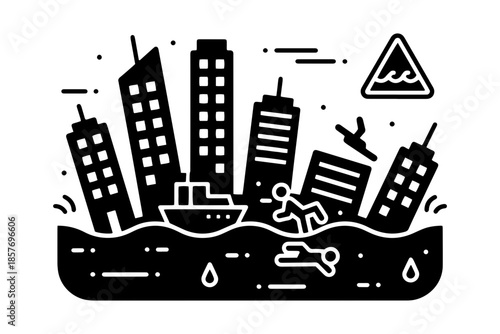 Minimalist black silhouette illustration showing tsunami wave flooding urban cityscape with buildings. Clean vector design perfect for disaster awareness, emergency planning materials.
