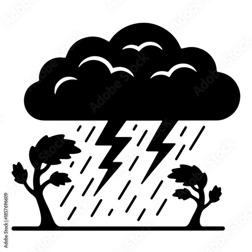 Black silhouette vector illustration of stormy weather scene with heavy rain, lightning bolts, dark clouds and trees. Perfect for weather apps, climate designs and meteorology graphics.