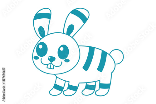 Striped cyan rabbit with buck teeth stands playfully on a white background